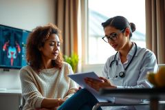 Doctor examines patient's X-ray during consultation. Healthcare professional in white coat reviews medical report with concerned patient in a modern clinic setting.