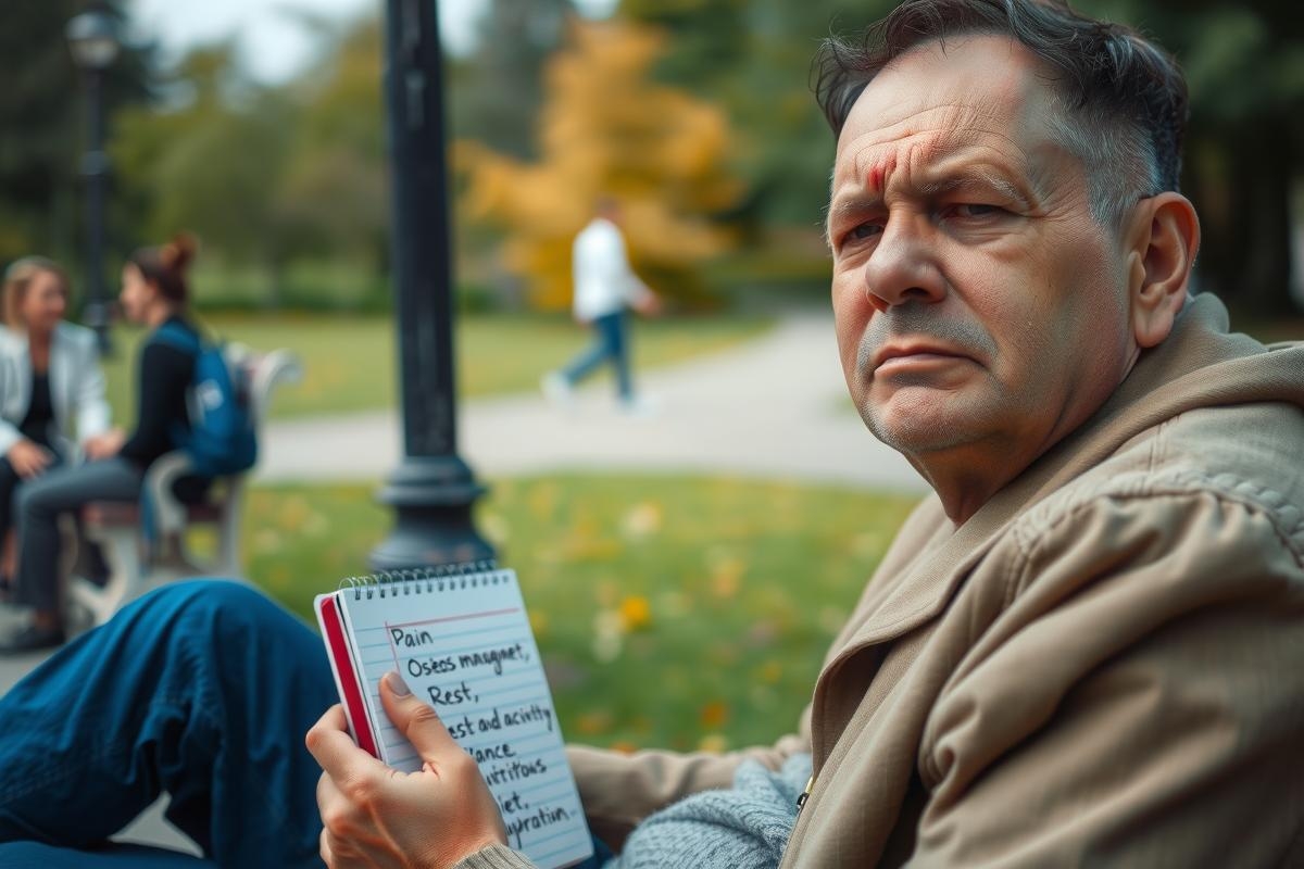 The image depicts a man in a park-like setting, possibly reading or writing on a notebook. He is wearing casual attire, including a coat and appears to be sitting on a bench with trees around. The environment suggests a peaceful, outdoor location where people might come to relax or enjoy nature.