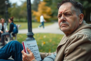 The image depicts a man in a park-like setting, possibly reading or writing on a notebook. He is wearing casual attire, including a coat and appears to be sitting on a bench with trees around. The environment suggests a peaceful, outdoor location where people might come to relax or enjoy nature.