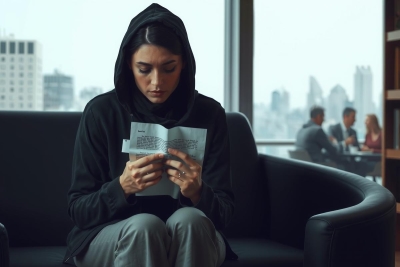 The image shows a person sitting in an indoor setting, possibly a waiting room or a reception area. The individual appears to be focused on reading or writing on a piece of paper. They are dressed in casual attire and their posture suggests concentration. The environment includes other furniture and people in the background, hinting at a public space.