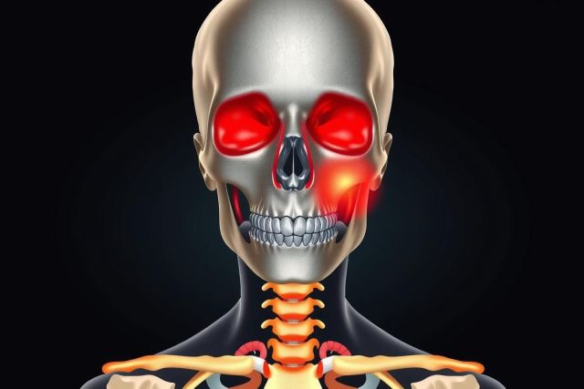 The image displays a 3D model of a human skeleton with two areas highlighted in red, possibly indicating inflammation or infection. The skeletal structure is shown from the front neck area down to the chest. This medical illustration could be used for educational purposes related to anatomy, health conditions or treatments.
