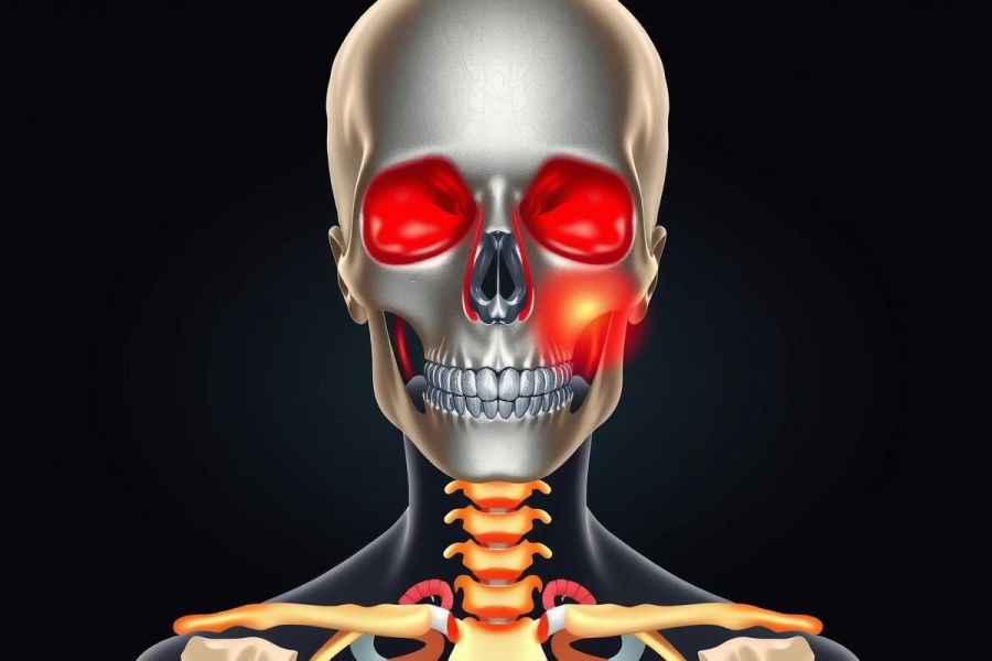 The image displays a 3D model of a human skeleton with two areas highlighted in red, possibly indicating inflammation or infection. The skeletal structure is shown from the front neck area down to the chest. This medical illustration could be used for educational purposes related to anatomy, health conditions or treatments.