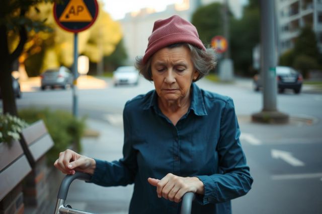 The image shows an elderly woman walking with the aid of a cane. She is dressed in a dark top and pink cap, navigating a residential street at dusk under clear skies.