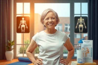 The image depicts a woman standing in an office environment with large windows allowing natural light to fill the room. She is wearing a white shirt and smiling, exuding confidence and approachability.