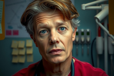 The image shows a male medical professional, possibly an anesthesiologist or surgeon, in a clinical setting. He is wearing a red surgical gown and scrubs with visible medical equipment such as a heart monitor in the background. 