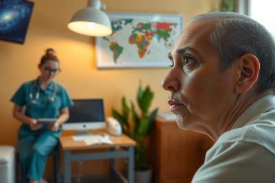 In this image, a man is seated at a desk in an office setting. He appears to be engaged in conversation with a woman standing next to him, who is dressed as a nurse. 