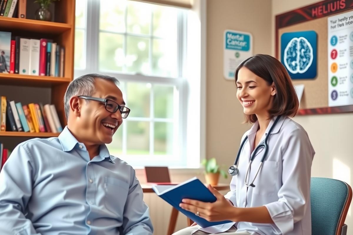 The image portrays a warm interaction between a patient and a doctor in an indoor setting. The male patient is comfortably seated, smiling as he engages with the female doctor who stands opposite him, holding what appears to be medical paperwork or test results.