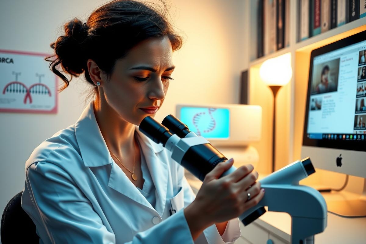 A female scientist in a lab is focused on the microscope, examining samples. She wears a white coat and is surrounded by laboratory equipment and technology.