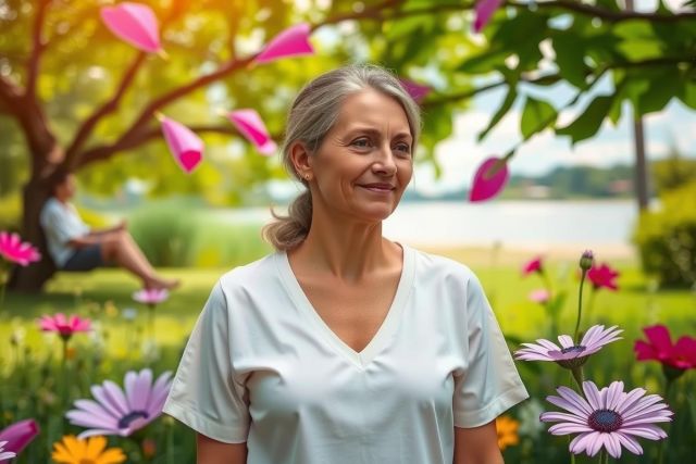 The image depicts a woman smiling in front of a flower garden. The garden is vibrant with various flowers, including pink and purple ones. There are several trees and a bench in the background, suggesting an outdoor setting possibly at a park or botanical garden.