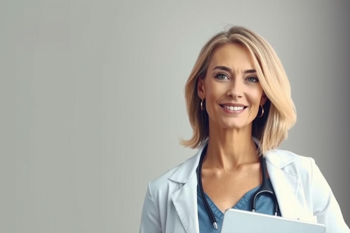 The image shows a woman wearing a white lab coat, which suggests she is a medical professional. She has short blonde hair and is smiling at the camera, giving off a friendly and approachable vibe. The background appears to be an office or clinical setting with neutral tones.