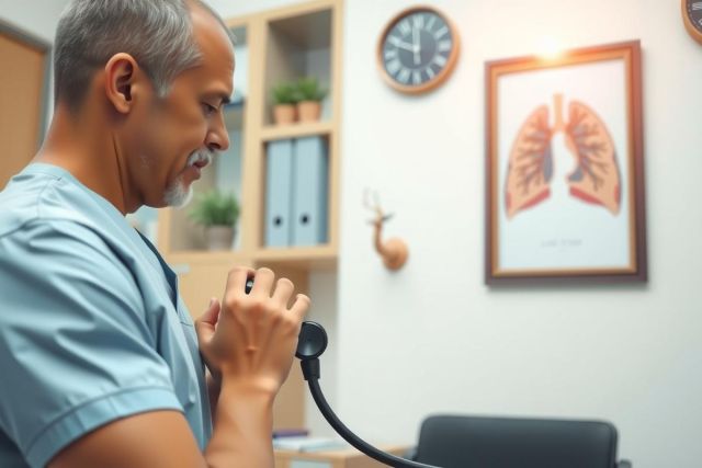 Doctor examining patient's heart with stethoscope in a medical office setting. Blue scrubs, white walls, anatomical chart visible. Healthcare professional, diagnostic checkup, clinical environment.