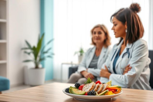 Healthcare consultation featuring a doctor and patient discussing healthy eating. A plate of fresh fruit, vegetables, and chicken is prominently displayed, suggesting nutritional advice in a bright, modern clinic setting. Focus on wellness and medical guidance.