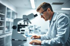 Scientist in a modern lab examining samples with a microscope. The image features a man in a white lab coat and glasses, focused on research in a clean, bright environment. Predominant colors are white and gray, conveying a professional, scientific setting. Ideal for science, research, or laboratory related searches.