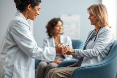 Healthcare professionals in a modern clinic setting. A doctor in a white coat interacts warmly with a patient, while another doctor observes. Blue chairs and a light blue wall create a calming atmosphere, representing patient care and medical consultation.
