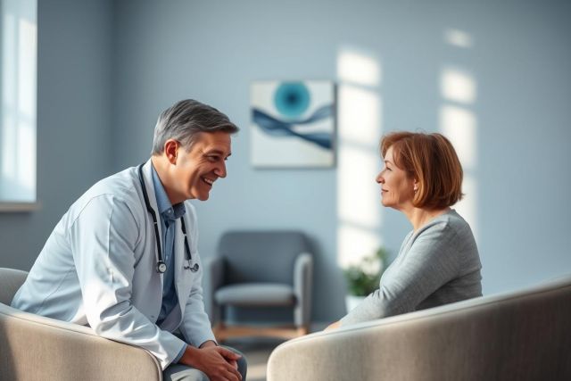 Doctor and patient engaged in a consultation in a modern, light blue medical office. The image depicts a healthcare professional discussing with a woman, fostering a sense of trust and care. A calming, professional environment with soft lighting.