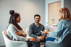 Three diverse professionals in a modern office setting. A woman presents documents while two others listen attentively. Neutral gray and white tones dominate, suggesting a business meeting or consultation in a professional environment.