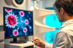 Scientist examines a computer screen displaying microscopic virus imagery in a lab setting. Wearing a white coat and protective eyewear, he appears to be analyzing research data.