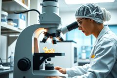 Scientist in a lab coat examining samples under a microscope.  Lab environment with equipment and glassware visible.  Focus on scientific research and analysis.