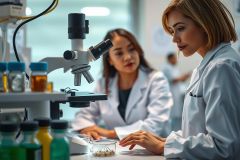 Scientists examining samples under a microscope in a lab. Researchers in white coats conduct research, surrounded by glassware and equipment. Focus on scientific discovery and analysis.