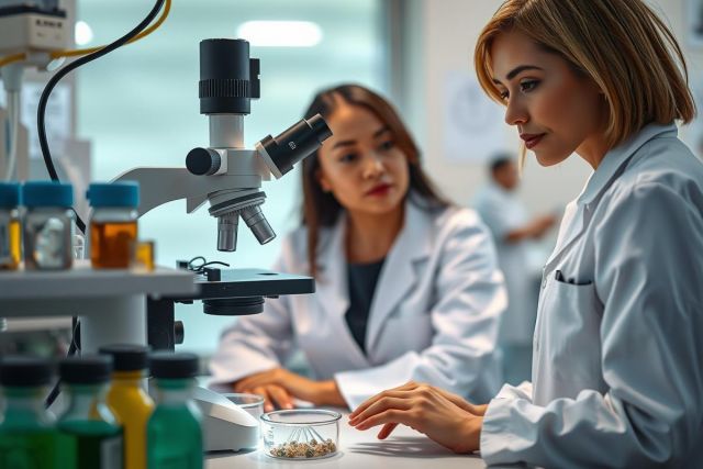 Scientists examining samples under a microscope in a lab. Researchers in white coats conduct research, surrounded by glassware and equipment. Focus on scientific discovery and analysis.