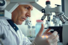Scientist in lab coat examines a slide under a microscope. Focused on research and analysis in a scientific environment. Bright lighting and lab equipment visible.