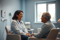 Doctor consults with a senior patient in a modern, blue-toned medical office. A healthcare professional in a white coat discusses health concerns with an elderly man. Focuses on patient care and doctor-patient relationship in a clinical setting.