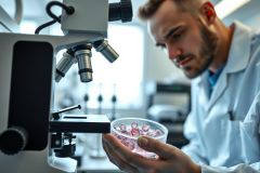 Scientist examines tissue samples in a lab setting. Focus on biological research, microscopy, and medical analysis. The image shows close-up view of tissue culture with bright pink color.