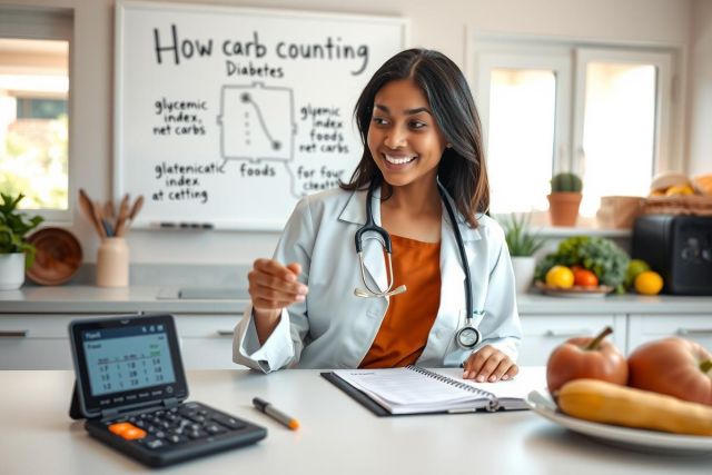 The image shows a woman, who appears to be a healthcare professional like a nutritionist or dietician, sitting at a counter with various items related to food and wellness.