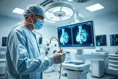 Surgeon in a modern operating room examining medical imaging on a monitor. The scene features blue and white color tones, highlighting the sterile environment and surgical equipment. Focus is on precision and advanced medical technology, potentially depicting cardiac or vascular procedures.