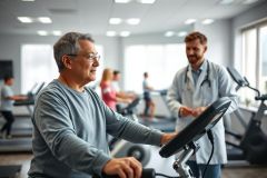 Senior man exercising on a stationary bike in a modern physiotherapy clinic. A doctor, wearing a white coat and stethoscope, assists him. The bright, airy gym setting features treadmills and other patients, promoting healthy aging and rehabilitation.