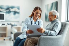 Doctor consulting with senior patient in a bright, modern clinic. The healthcare professional reviews medical documents with an elderly man, promoting health and wellness. Warm colors and a friendly atmosphere create a reassuring scene.