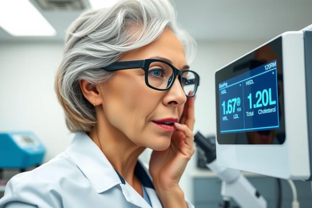 Female doctor in lab coat, wearing glasses, looks concerned while examining a medical device screen. Healthcare professional in a clinical setting. Focus on patient care and technology.