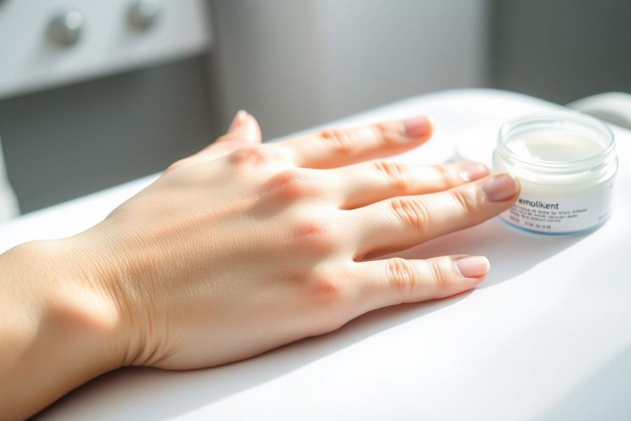 Close-up of a hand applying skincare cream from a jar on a white surface. Bright, natural light highlights the skin and product, suggesting beauty treatments and moisturizing routines. Focus on skincare, hand care, and wellness.