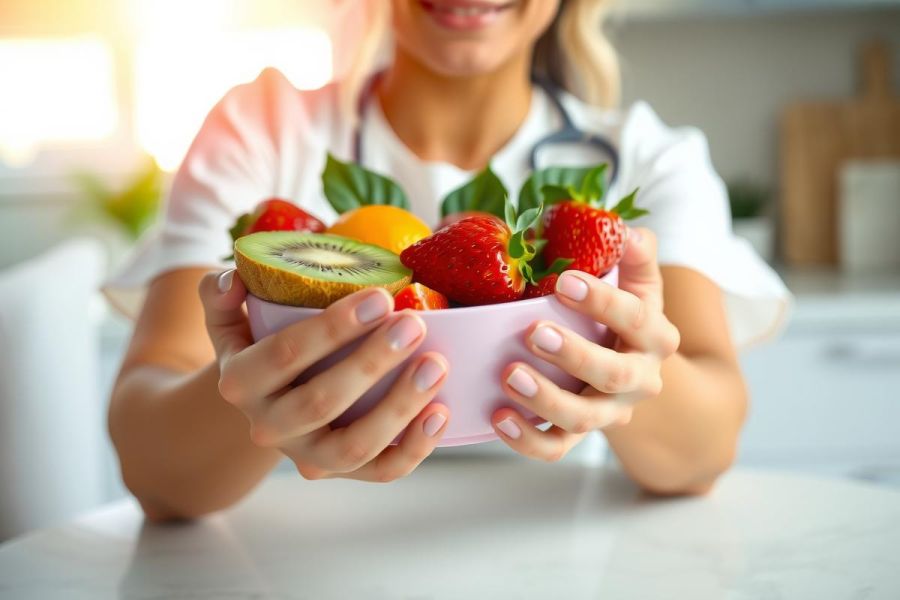 A person in a white coat holds a bowl of fresh fruit, including strawberries, kiwi, and oranges. The image showcases healthy eating and a medical or wellness context, with bright colors and natural light.