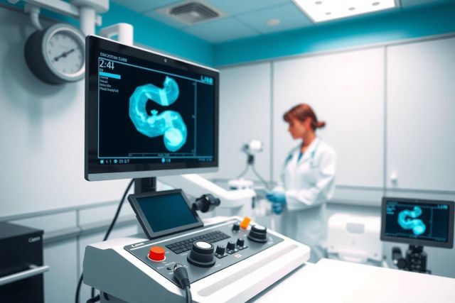 Medical imaging equipment in a hospital setting. A CT scan display shows a 3D image, with controls and a technician visible in the background. Focus on diagnostic technology and healthcare environment.