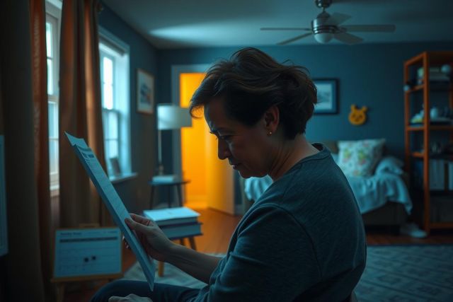 The image shows a woman seated in a room with dim lighting, focused on reading. The room has a homely feel, possibly a study or home office setting. There are books and papers spread out around her workspace.