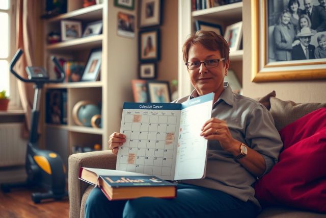 A middle-aged woman is seated on a couch in her living room. She holds an open calendar and appears to be reading or planning for the month ahead. The room has a cozy ambiance with personal touches like family photos and books scattered around.
