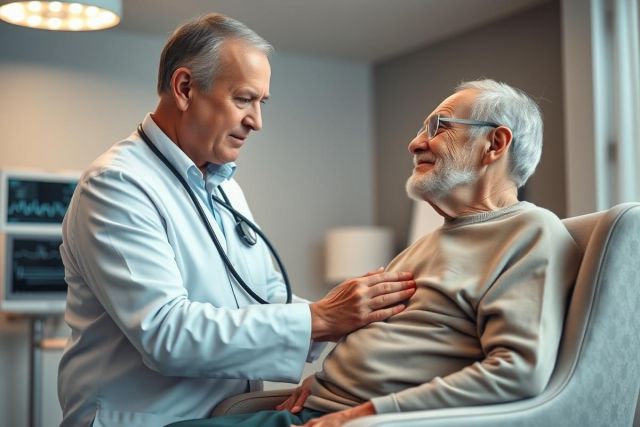 Doctor examining elderly patient during a medical checkup. Healthcare professional in white coat listening to heart in a bright, modern clinic setting. Focus on senior care and wellness. Warm, reassuring tones.