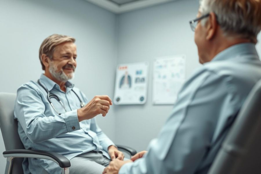 Doctor in a light blue exam room consults with a patient. The scene shows a healthcare professional wearing a stethoscope, engaged in a discussion with an older man. Medical charts are visible on the wall, creating a clinical setting.
