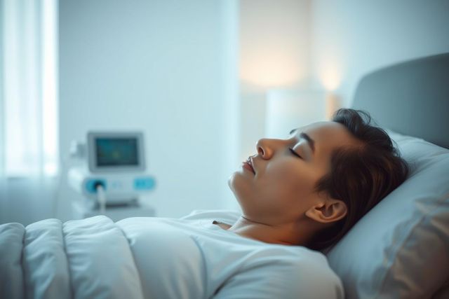 A young woman rests peacefully in a hospital bed, eyes closed, with medical monitoring equipment visible in the background. The scene evokes a sense of calm and recovery within a clean, modern healthcare environment, featuring soft blue and white tones. Keywords: hospital, patient, recovery, sleep, healthcare, medical.