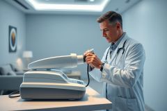Doctor examining a patient with medical equipment in a modern clinic. The scene features a male physician in a white coat using a stethoscope on a gray diagnostic device. Clean, bright, and professional healthcare setting with blue and white tones.
