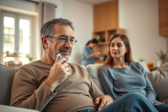 Man using an inhaler on a sofa in a bright, modern living room. A couple sits nearby, with a blurred background showing additional people. Warm, neutral tones and a focus on health and family life.