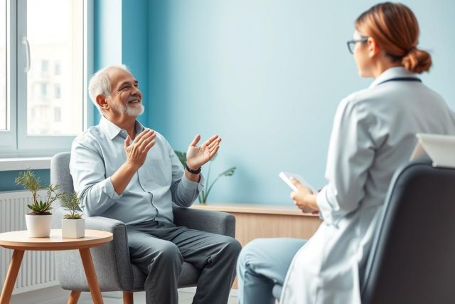 Senior man smiling during a doctor's consultation in a bright, modern clinic. A female doctor in a white coat listens attentively. Blue walls and potted plants create a calming atmosphere. Healthcare, medical appointment, and senior care concepts.