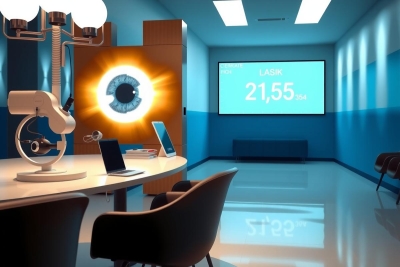 This is a modern and well-equipped office environment. The space features sleek, contemporary furniture such as an executive desk with a laptop computer on top of it. There are several chairs, one of which is placed in front of a large flat-screen TV, suggesting that this office might be related to monitoring.