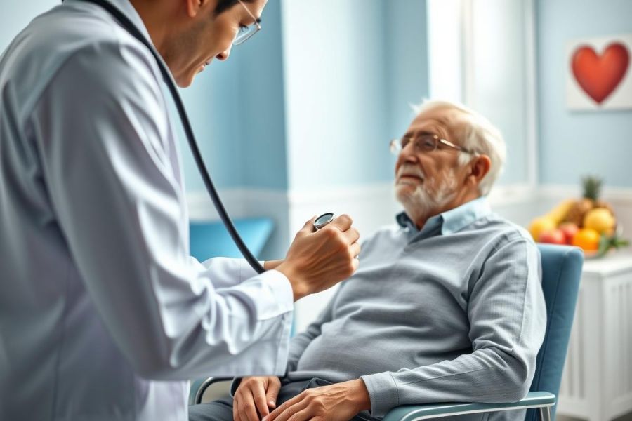 Doctor examining elderly man with stethoscope. Healthcare scene in a bright, blue-toned room with fruit and a heart decoration. Focus on senior health, medical checkup, and patient care.
