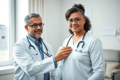 A doctor examines a pregnant patient in a bright, modern clinic. The image features a male physician with a stethoscope listening to the patient's heart. Warm, neutral tones dominate the scene, depicting a healthcare consultation.