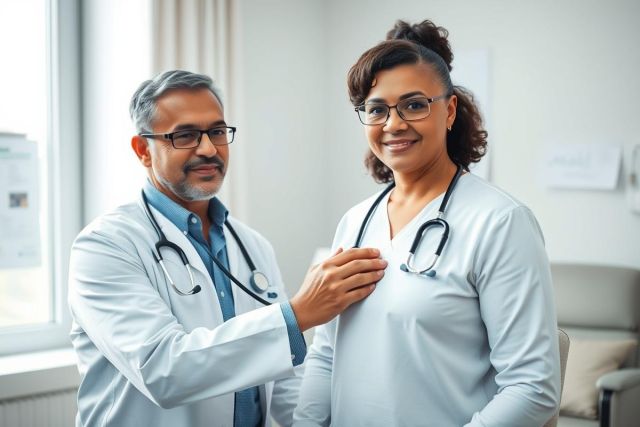 A doctor examines a pregnant patient in a bright, modern clinic. The image features a male physician with a stethoscope listening to the patient's heart. Warm, neutral tones dominate the scene, depicting a healthcare consultation.