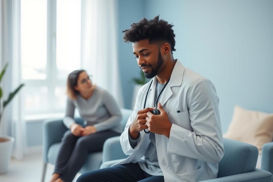 Doctor examining a patient in a bright, modern clinic. The scene features a male doctor in a white coat and stethoscope attending to a seated female patient. A light blue color palette and window light create a calming atmosphere. Healthcare, medical consultation, and patient care are key themes.