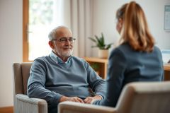 Senior man with glasses in a comfortable chair smiles during a consultation with a healthcare professional. Warm, inviting room with natural light and greenery creates a supportive environment. Focus on elder care, healthcare, and positive patient-doctor interaction.