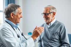 Doctor and senior patient consultation. A friendly healthcare professional in a white coat speaks with an elderly man in a relaxed setting. Warm, neutral tones and a bright interior create a positive and reassuring doctor-patient interaction.
